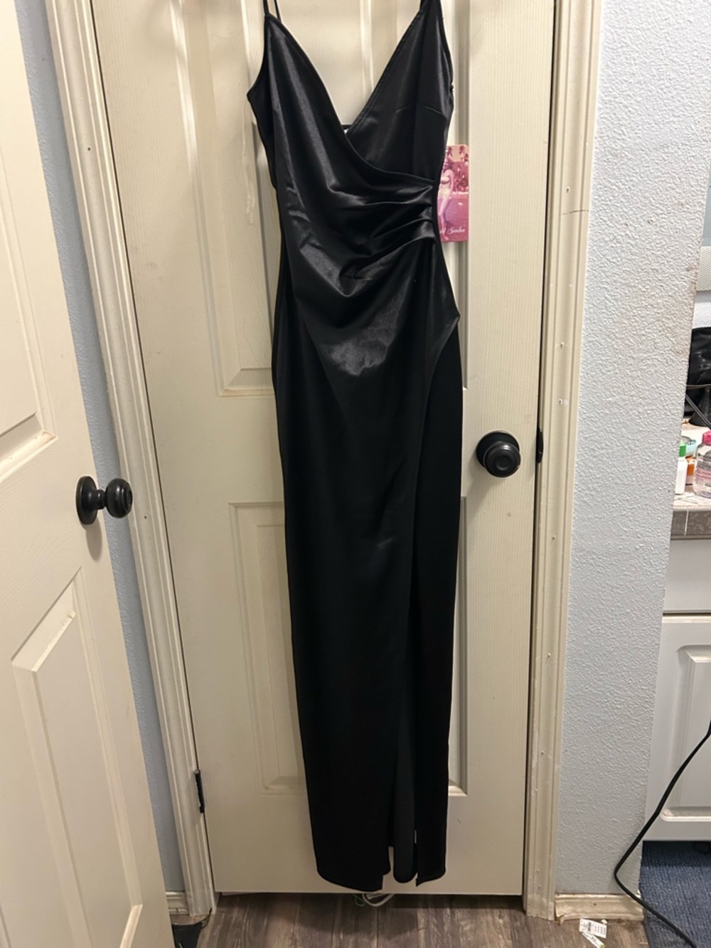 Emerald Sundae Black Satin Slip Maxi Dress - Draped V-Neck